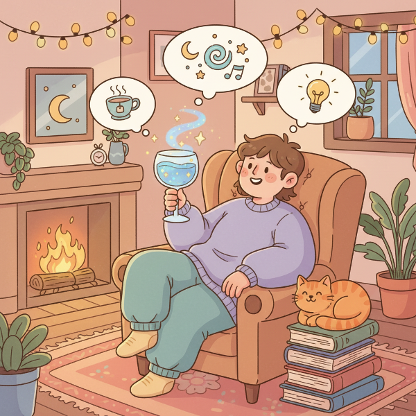 リラックスした雰囲気のイラストで、ユーモアあふれる軽めの心理テスト『魔法の飲み物診断』を表現しています。