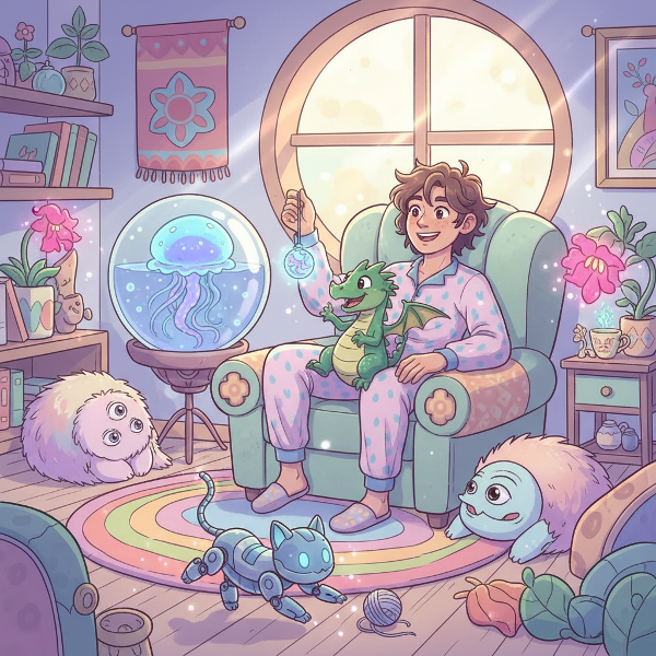 風変わりなペットたちと楽しそうに過ごす人物を描いた、遊び心あふれるイラストです。