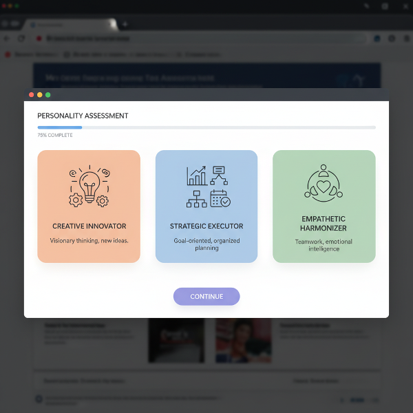 職場での創造的思考、課題へのアプローチ、ストレス適応力を評価するオンラインテストの説明画像。3つのタイプ（創造的変革者、戦略的実行者、共感的調整者）を視覚的に表現しています。