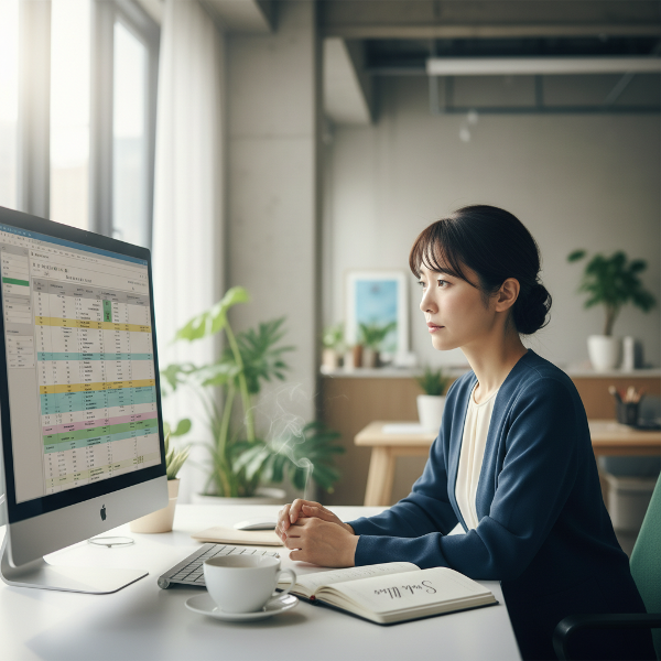 オフィスで一息つき、考え込む30代の女性プロジェクトマネージャー。窓からの柔らかい光と、デスク上の「小さな成功」と書かれたノートが印象的です。