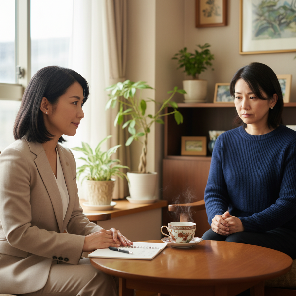 心理学者の明が、相談者に寄り添いながら、休息と小さな一歩の重要性について優しく語りかけている温かいカウンセリングルームの情景。