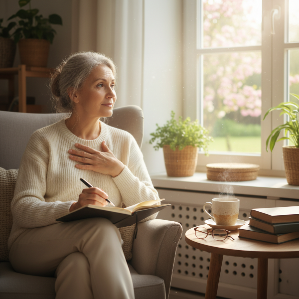 穏やかな光の中で、ノートを前に静かに自分自身と向き合う64歳の女性の姿。小さな習慣を通じた自己発見の始まりを描いています。