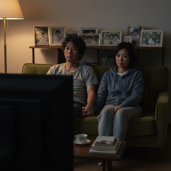 疲れた40代の夫婦が夜、ソファで手を繋ぎながらも距離を感じる様子。長い結婚生活の中での親密さの喪失と寂しさを表現。