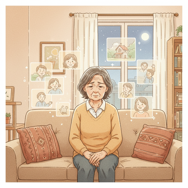 疲れた高齢女性が自宅で心理的回復を思い描くイラスト