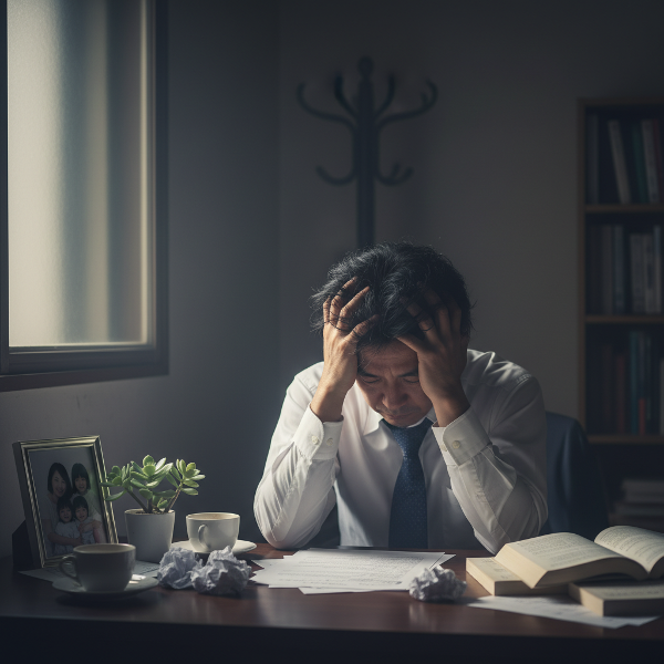 疲れと自信喪失を感じる40代の男性が机に向かい、窓からの光が家族写真と小さな緑の植物を照らしている様子。
