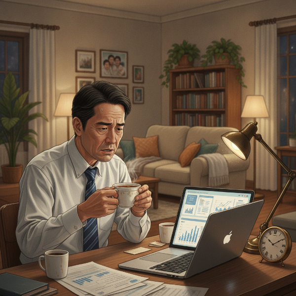 疲弊した中堅管理職の男性が夜の自宅で仕事を考え込む様子を描いたイラスト。