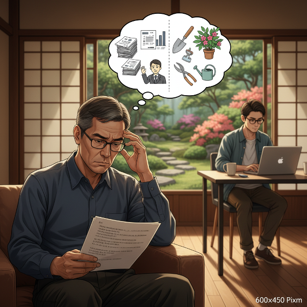 定年を控えた男性が職場と家庭でのイライラや孤立感に悩み、心理的な転換期にある様子を描いた画像。
