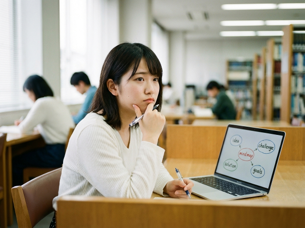 自信を失った大学生が、図書館でパソコンに向かい、これからの一歩を考えている様子。窓からの柔らかい光が、前向きな気持ちの始まりを暗示しています。
