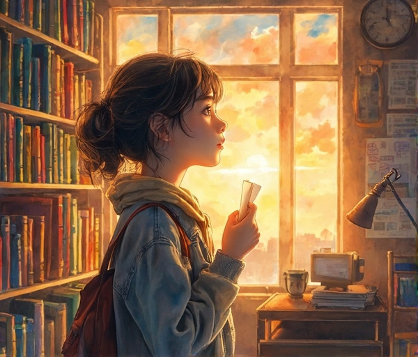水彩風の温かいイラストで、18歳の女性が図書館で読み聞かせや展示を見つめ、小さな希望と一歩を描く。