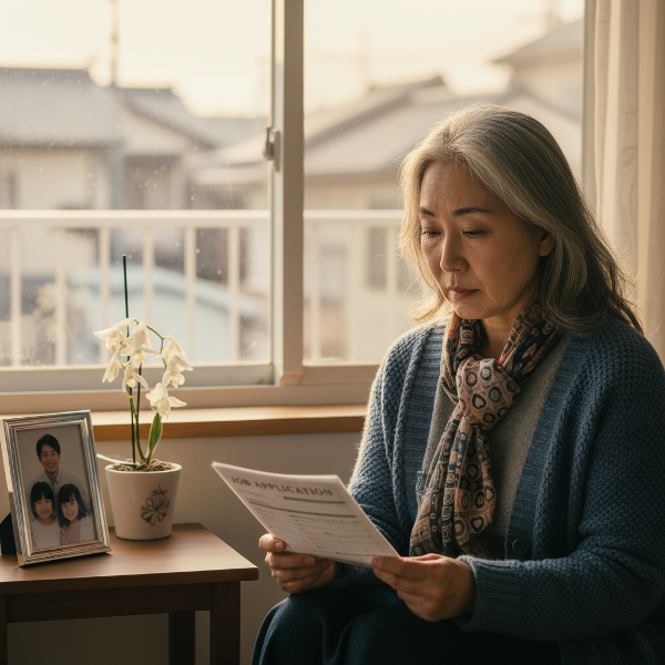失ったものと向き合いながら、新たな一歩を踏み出そうとする女性の静かな決意を描いたイメージです。