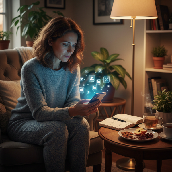 ストレスや孤独を感じる女性が、夜のSNSチェックや感情的な食事の習慣から、より健康的な習慣へと移行する様子を描いたイメージです。