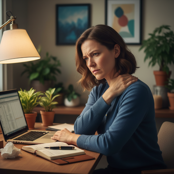 ストレスによる体調不良に悩む女性が、デスクで首や肩の凝りを感じながら、心と体のバランスについて内省している様子を描いた画像です。