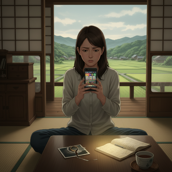 田舎の実家で孤独を感じながらスマホのオンラインカジノを見つめる35歳女性。窓の外には穏やかな田園風景が広がり、テーブルには壊れた結婚指輪の写真が置かれている。近くには日記と温かいお茶があり、一筋の希望の光が差し込んでいるイメージ。