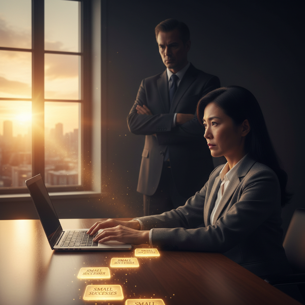 過去の失敗の影に怯えつつも、小さな成功の道筋を見出し、新しい朝に希望を見いだす49歳の女性事務職員のイメージ。