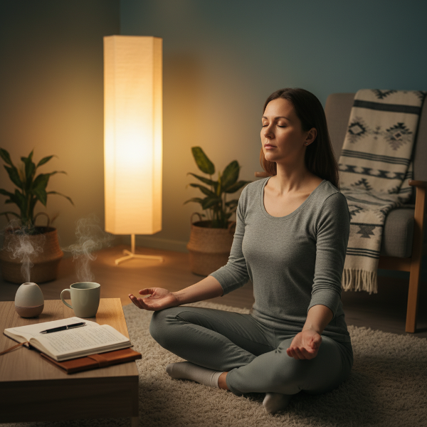 火災体験後のトリガー反応に悩む女性が、安全な空間でグラウンディング技法を行い、心の回復を目指す様子を描いた画像。