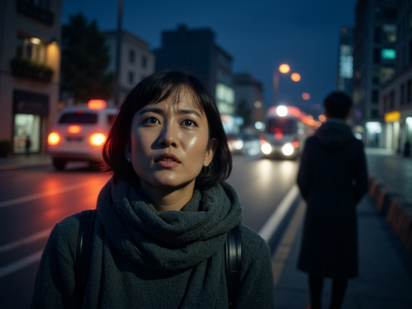 交通事故を目撃した後のトラウマ反応に悩む女性と、サポートを提供する心理学者のイメージ。