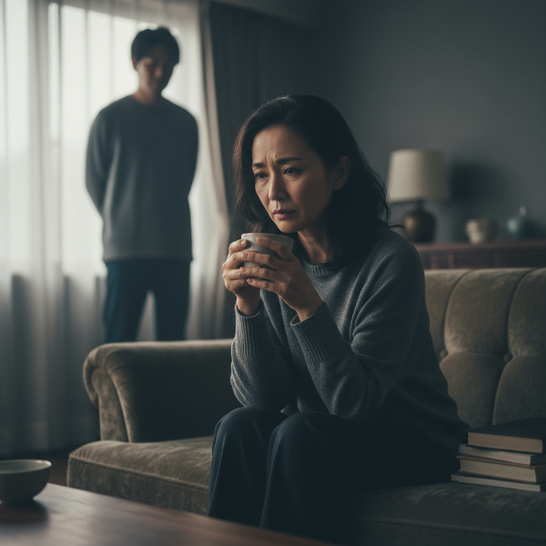 悩める女性がソファで考え込む様子。背景にぼやけた男性の姿があり、繊細な感情と関係性の葛藤を表現しています。