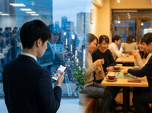 社会人になり、新しい人間関係を築けずに孤独を感じる若い男性の姿と、趣味や交流を通じてつながりを見出す可能性を対比的に描いたイメージです。