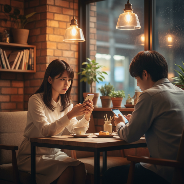 カフェで向かい合うカップル。彼女は寂しそうにスマホを見つめ、彼もスマホに夢中で、物理的な近さと心の距離の対比を感じさせる温かい光の情景。