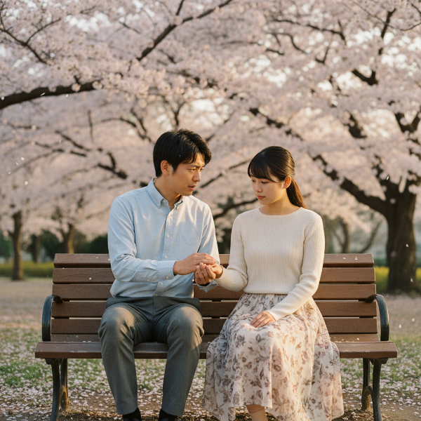 初めての恋愛で性のペースや身体のコンプレックスに悩む若いカップルが、公園のベンチで優しく対話している様子。互いの気持ちを尊重し合い、健全な関係を築こうとする瞬間を描いています。