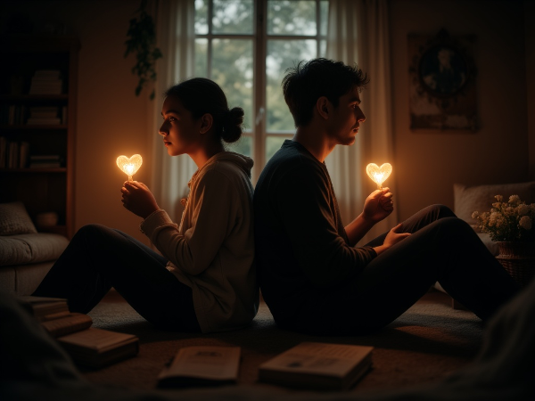 親密な関係におけるコミュニケーションの難しさと、心のつながりを取り戻すための対話の始まりを描いたイメージです。