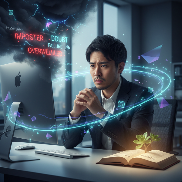 新社会人のエンジニアがインポスター症候群に悩みながらも、小さな成功（小さな植物）に希望を見いだすオフィス内のイメージ。