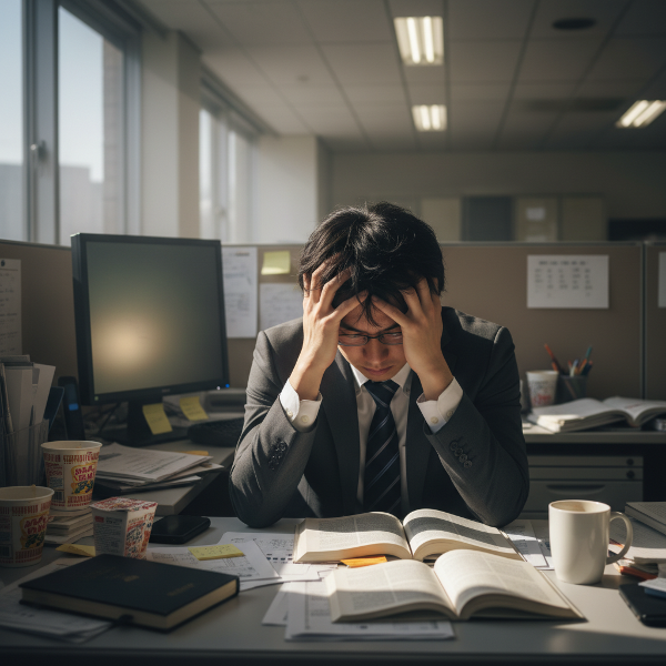 新社会人がオフィスで無気力にうつむき、燃え尽き症候群や適応障害の初期のような様子を表した画像。