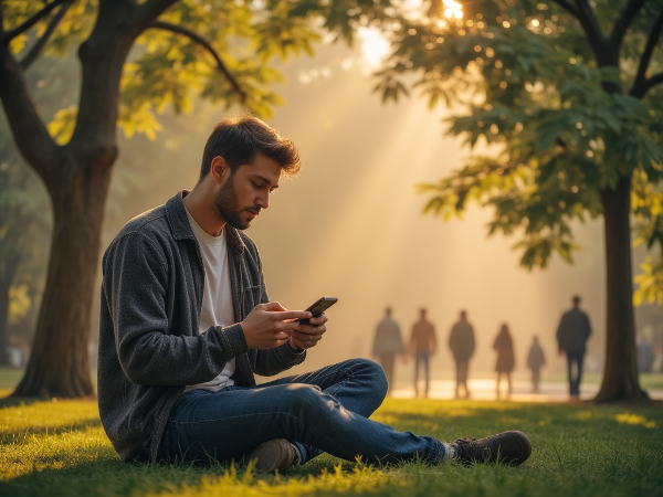 悩む20歳の男性が公園で一人、携帯電話を見つめながら人間関係について考え込んでいる様子。柔らかな朝日が木々の間から差し込み、希望と内省を象徴しています。