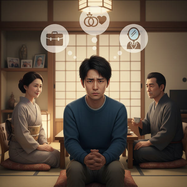 両親からの期待に圧倒され、将来への不安を感じる若い男性の心境を描いたイメージです。家庭内の緊張感と内面の葛藤が表現されています。