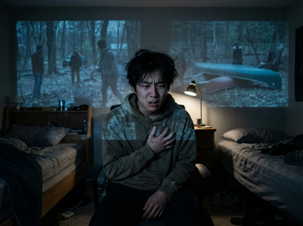 内気な20代男性が、事故のフラッシュバックと動悸に苦しみ、一人で部屋に座っている様子。過去の場面が半透明で重なって表示され、不安と孤立感が伝わるイメージ。
