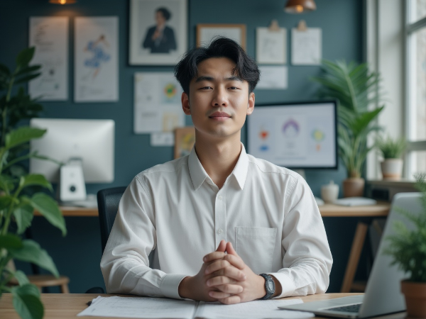 職場でストレスを感じる22歳男性が、マインドフルネス瞑想とダンスセラピーのイメージを通じて、怒りやイライラと向き合い、心の安定を模索する様子を描いた画像です。