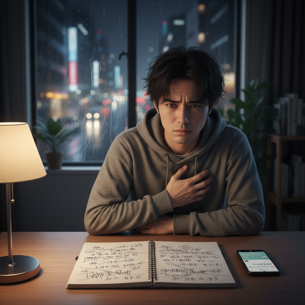事件を目撃した後、不安と不眠に悩む青年が、夜の部屋で胸の苦しさを感じながら、カウンセリングへの一歩を考えている様子を描いた画像。