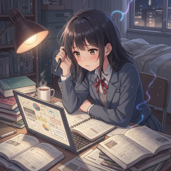 19歳の女子大学生が心理学と創作の本に囲まれ、キャリア不安とパニック症状に悩む様子を描いたイラスト。