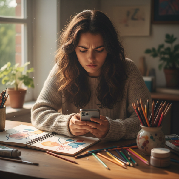 悩みを抱える若い女性が、スマートフォンとアートの道具に囲まれた机で、内省的な時間を過ごしている様子を描いた画像です。
