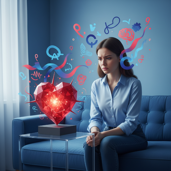 色彩心理学について考える若い女性が、青色の落ち着く空間と赤色の緊張を感じる対象を前に、内省している様子を描いたイメージです。