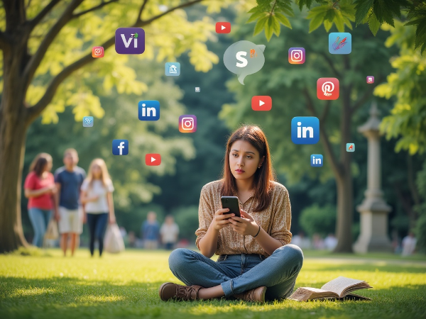 悩める女子大生がスマホを見つめ、周囲の現実世界から少し距離を置いている様子。デジタルアイコンが漂い、オンラインとオフラインのバランスの難しさを表現しています。