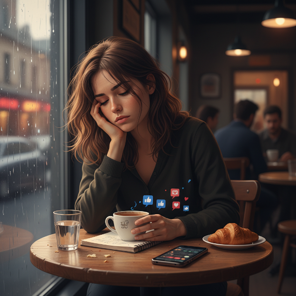 夕暮れの静かなカフェで、疲れた表情で一人思い悩む女性。窓からの柔らかい光が彼女を照らし、SNSが映るスマホとノートがテーブルに置かれています。燃え尽き感と孤独、静かな内省の瞬間を描いています。