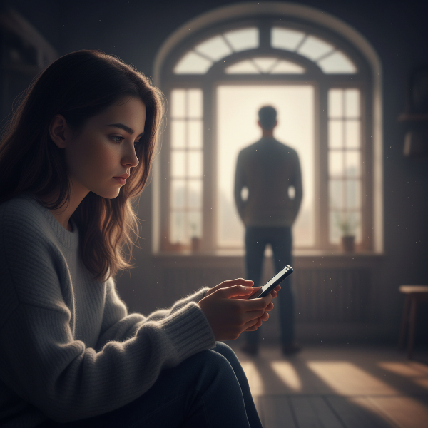 感情的な距離を感じて悩む女性が、窓の向こうにいる彼氏の姿をぼんやりと見つめながら、孤独に考え込んでいる様子を描いたイメージです。