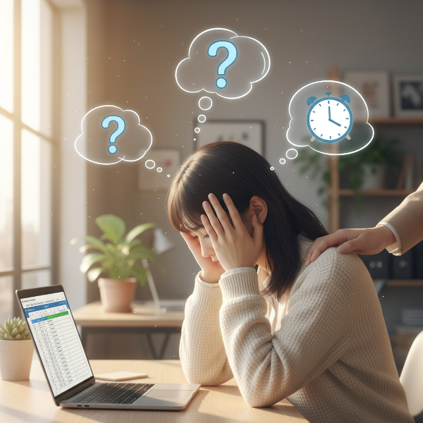 オフィスで不安を抱える新社会人の女性が、窓からの柔らかい光に包まれながら、先輩のサポートの手を肩に感じ、内面の葛藤と希望を表現した画像。