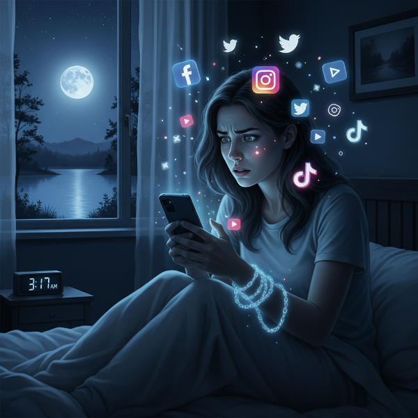 スマホ依存に悩む若い女性が、夜の寝室でSNSをやめられずに虚しさを感じている様子を描いた画像です。