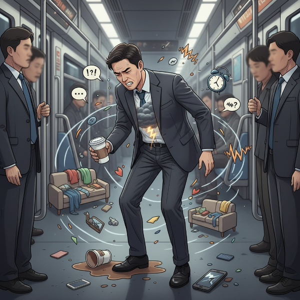 한 30대 직장 남성이 가슴 속에 폭풍을 안고 일상의 작은 스트레스들에 휩싸여 있는 심리적 상태를 상징적으로 표현한 이미지입니다.