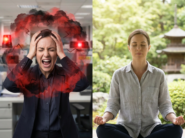 한 여성이 사소한 자극에도 참을 수 없는 분노와 혼란을 느끼는 내면의 감정 폭풍과, 그 속에서 평화를 찾고자 하는 모습을 대비적으로 표현한 이미지입니다.
