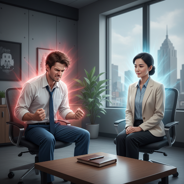 화가 나는 40대 남성 직장인이 심리학자 빛나와의 상담을 통해 감정을 이해하고 진정하는 장면.