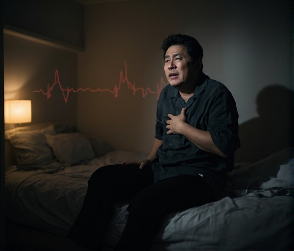 50세 남성이 새벽 침대에 앉아 가슴 두근거림과 불안을 느끼지만, 회복을 위한 차분한 지원의 빛이 비치는 모습을 표현한 이미지입니다.