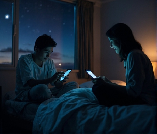 밤에 불안해하는 남성이 심리학자와 함께 호흡하며 안정을 찾는 모습을 표현한 이미지. 소셜 미디어의 빛과 대비되는 부드러운 조명, 따뜻하고 차분한 분위기. 악몽과 자기 수용의 과정을 시각화.