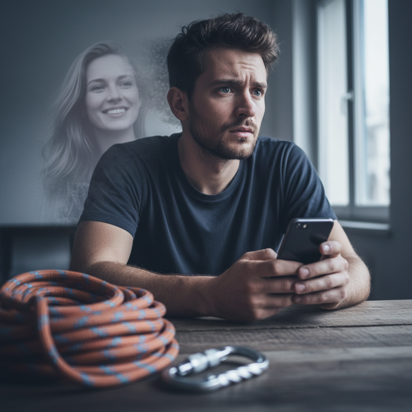 불안해하는 30대 초반 남성이 휴대폰을 보며 멀어지는 연인과 새로운 취미로 인한 관계의 거리감을 생각하는 감정적인 일러스트