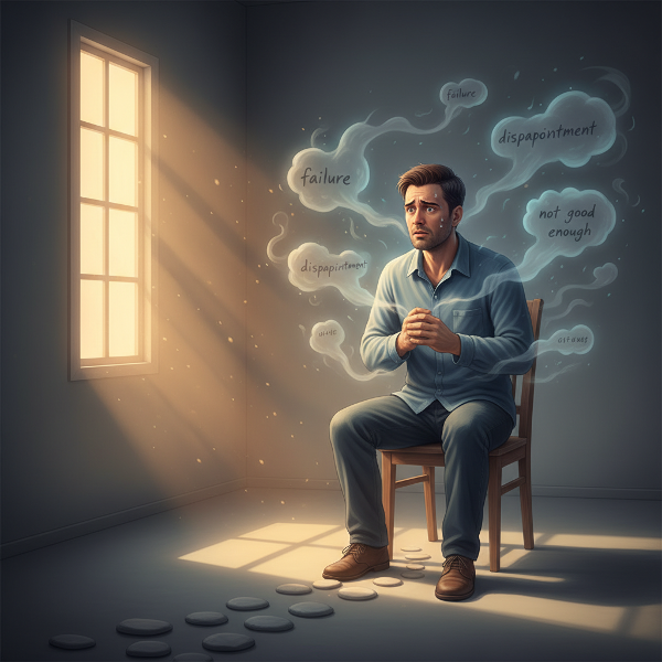 불안과 두려움에 사로잡힌 30대 남성이 심장 박동이 빨라지고 손이 떨리는 증상을 경험하며, 주변에 '실패'에 대한 생각이 떠다니는 모습을 담은 이미지입니다. 희망을 상징하는 따뜻한 빛과 앞으로 나아가는 작은 단계들이 표현되어 있습니다.
