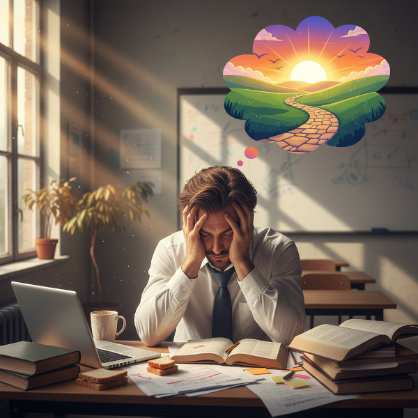 번아웃을 경험하는 젊은 교사의 피로와 고립감을 표현하면서, 희망과 회복의 가능성을 함께 담은 이미지입니다.