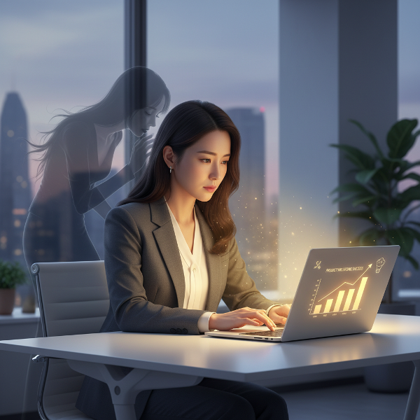 성공적인 프로젝트를 마친 후에도 자신을 의심하는 직장인의 내적 갈등과 자기 부정의 감정을 표현한 이미지입니다.