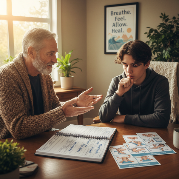 상담사가 불안한 청소년 학생에게 감정 조절 기술과 안정된 환경을 제공하며 지도하는 따뜻한 장면입니다.